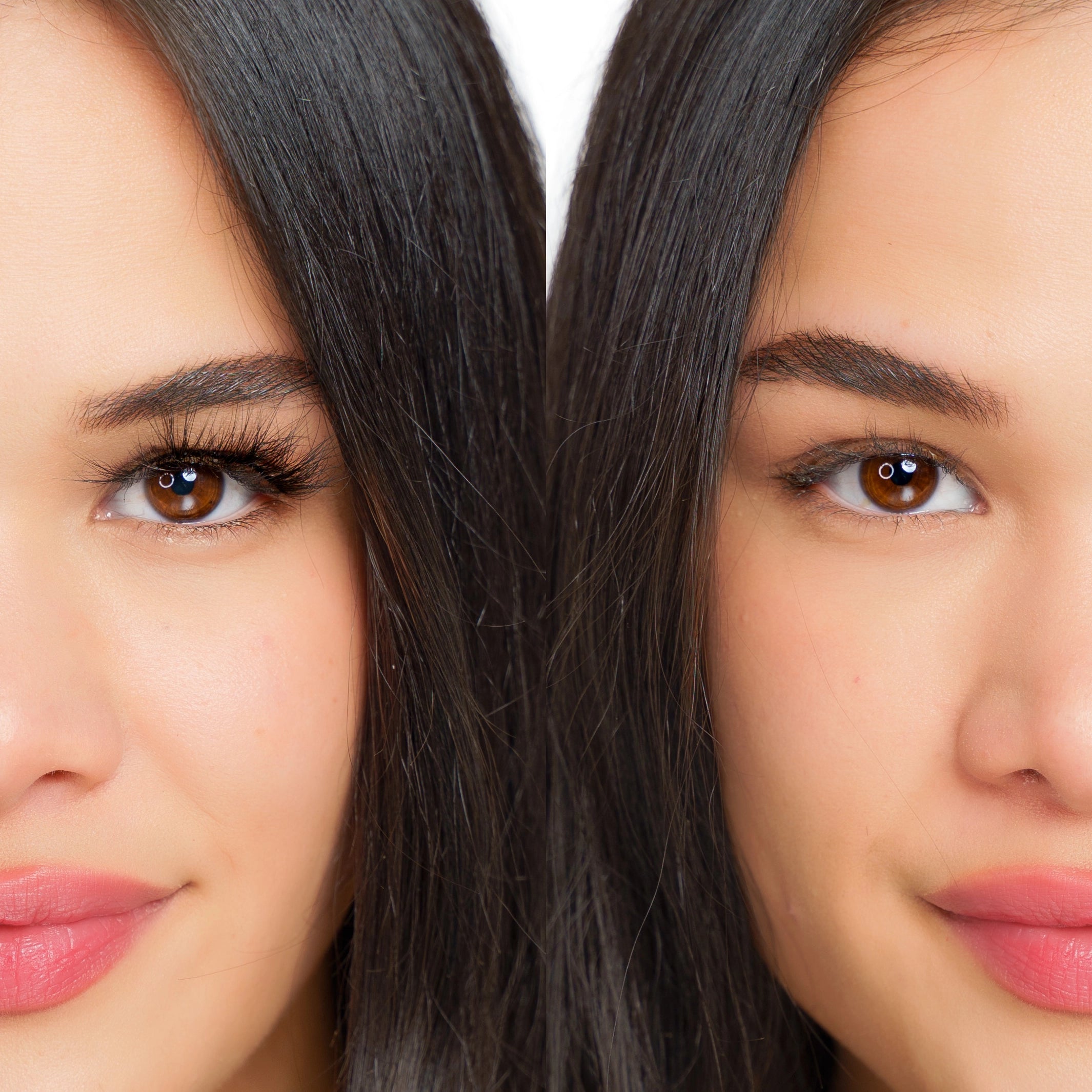 woman wearing 25mm lashes sweetheart lash strip comparison on/off
