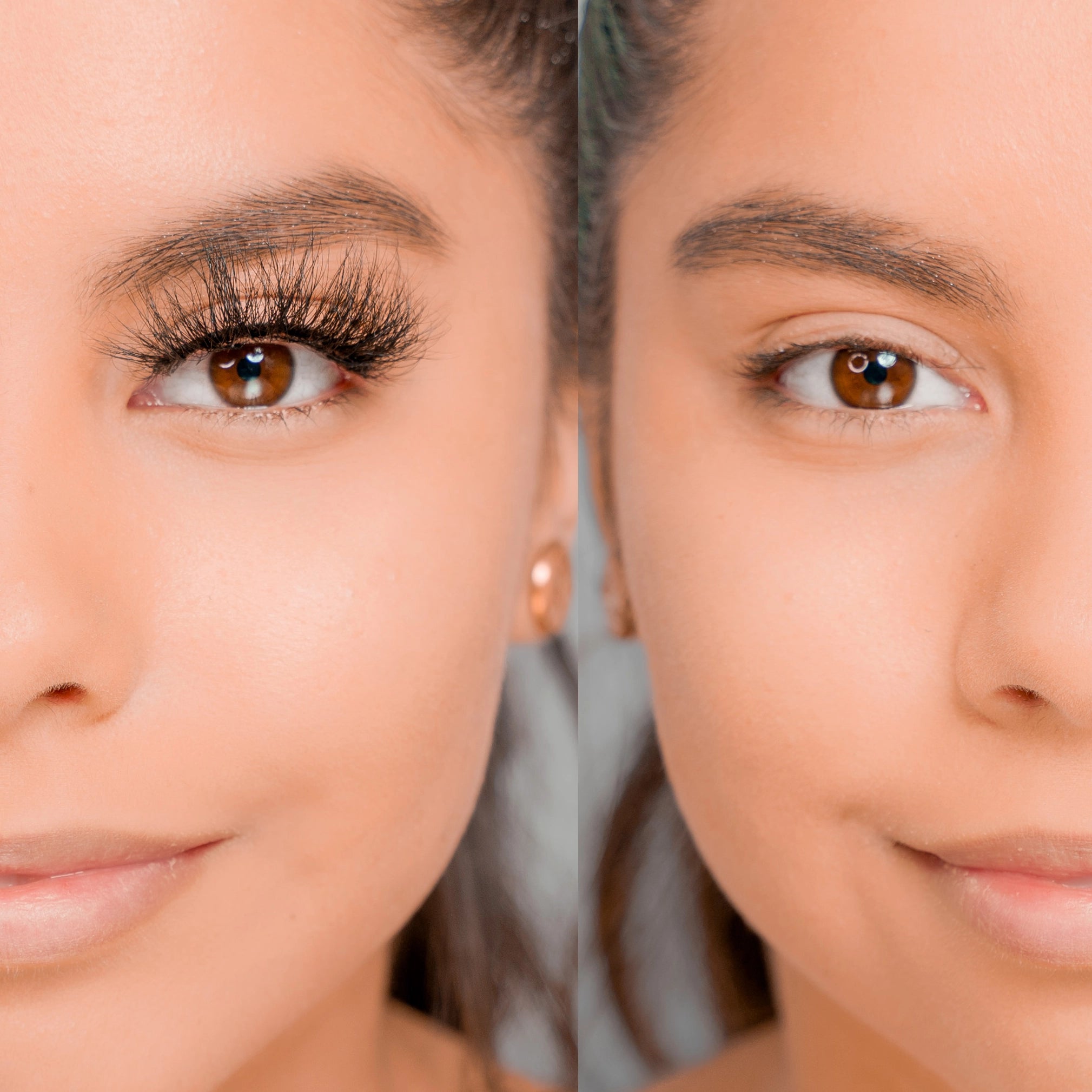 side by side comparison baddie lashes on vs off