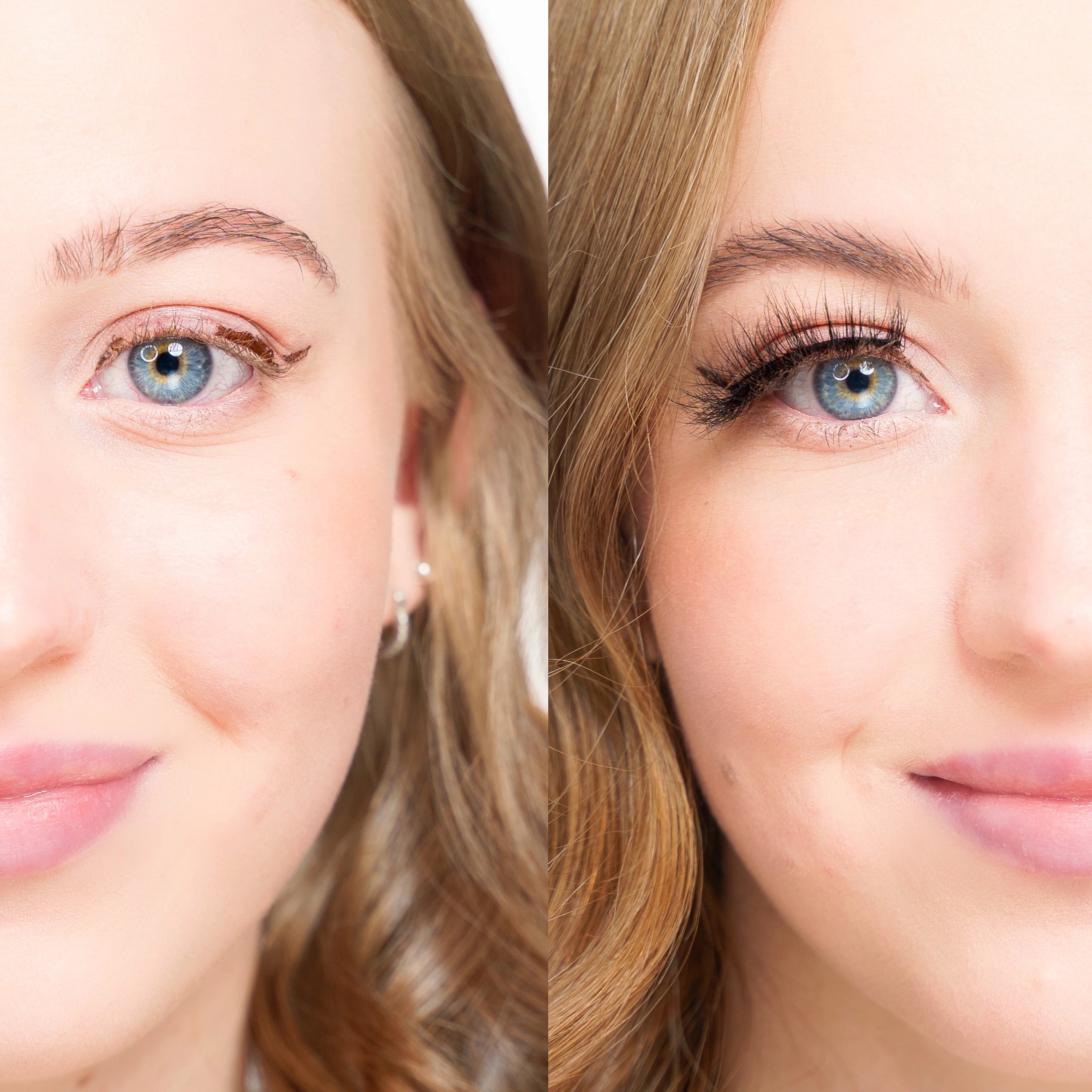 bright lashes on blue eyes compared to no lashes